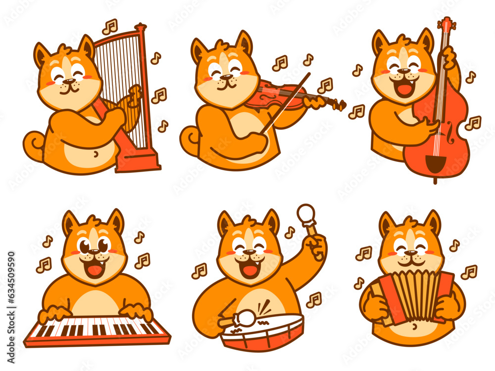 Shiba inu dog cartoon sticker playing music