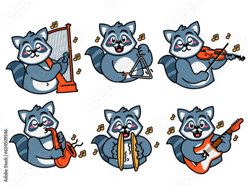 Fototapeta Naklejka Na Ścianę i Meble -  Raccoon Cartoon Sticker Playing music