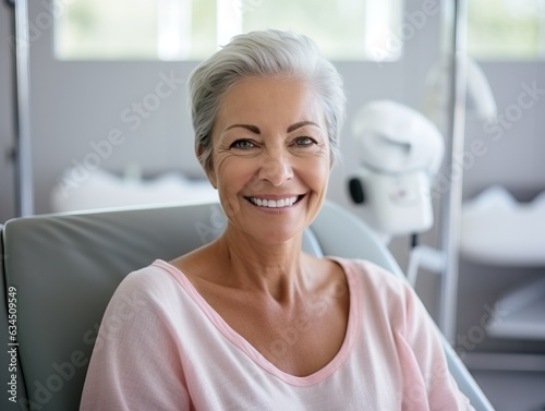 Smiling beautiful mature woman in a hospital bed, generative ai