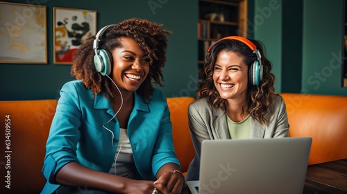 Two women laughing at home,...