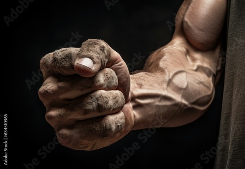 Unyielding Resilience and Power: An Intimate Portrait of a Mud and Sweat-Covered Fist, Capturing the Essence of Bodybuilding and Athletic Challenge - Generative AI © Gejsi