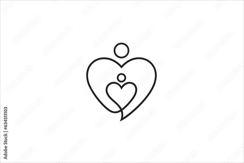 Abstract heart logo vector illustration with parent and child in continuous line concept