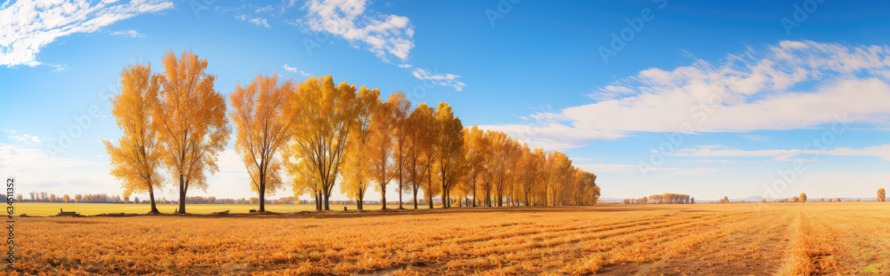 A Blend of Fall Colors: Ultra Wide Angle Panorama of a Massive Yellow Meadow with Autumn Trees and Crisp Blue Sky - Generative AI