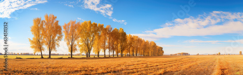 A Blend of Fall Colors: Ultra Wide Angle Panorama of a Massive Yellow Meadow with Autumn Trees and Crisp Blue Sky - Generative AI
