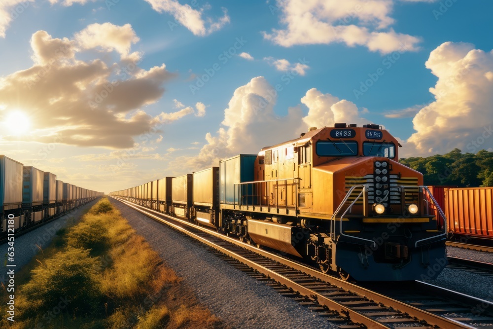 Obraz premium Freight Train Carrying Automobiles, Generative AI