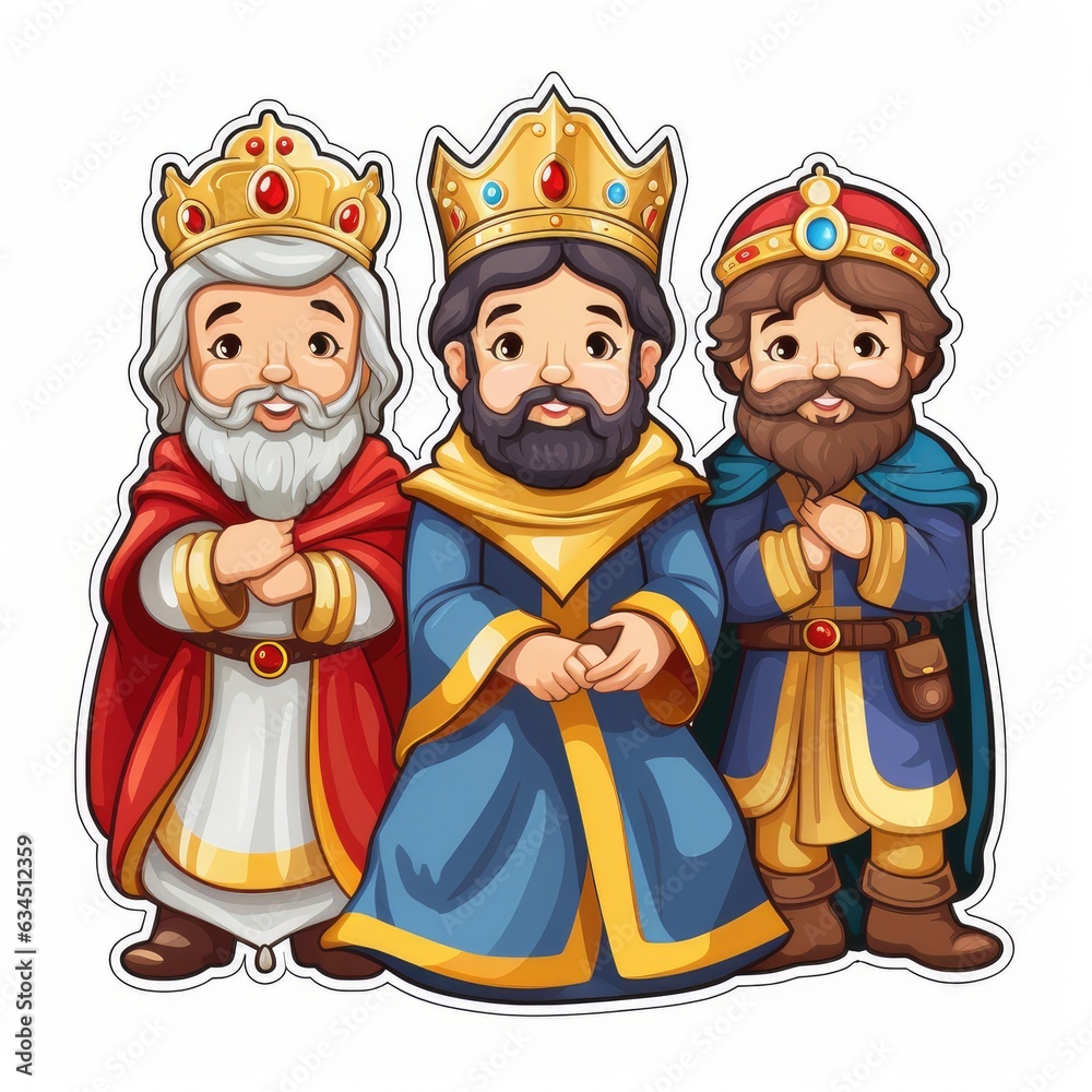 Obraz premium We Three Kings cartoon sticker illustration, cute, child-friendly, on white background
