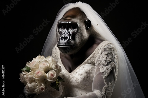 Mountain gorilla, female, wearing a white wedding dress, holding white roses. Primate bride