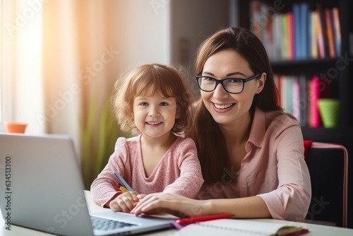 Wallpaper Mural Generative AI : Young mother sitting at table with cheerful little 7s daughter, preparing school assignments together at home Torontodigital.ca