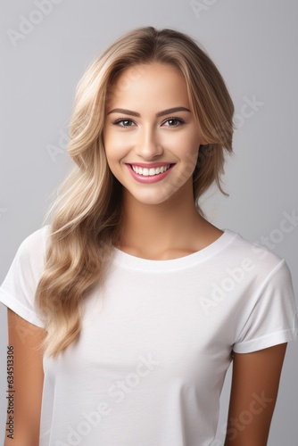 Generative AI : Beautiful smile young woman. White teeth on white background,