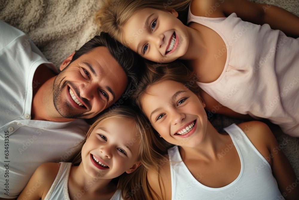 Fototapeta premium Generative AI : Happy smiling love family father and mother with young parents little daughter girl looking at camera