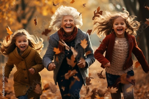 Generative AI : Older couple playing with granddaughter in autumn leaves