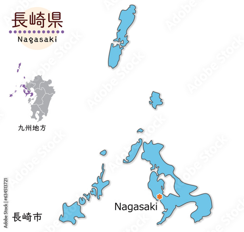長崎県と県庁所在地、離島を含む全体図、シンプルでかわいい地図