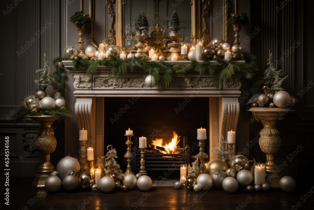 Fototapeta premium fireplace with burning candles and christmas decorations
