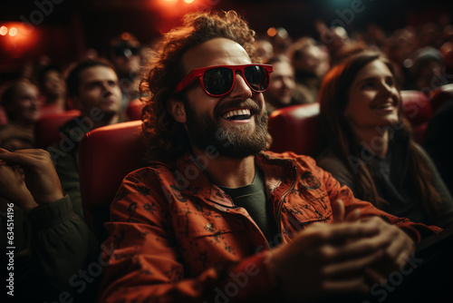 young man with curly hair sitting in the cinema and watching movie,eating tasty popcorn and enjoying photo
