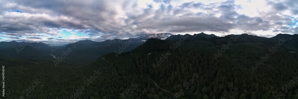 Panoramic view of Mt. Rainier, Washington and surrounding area on a cloudy summer morning. Panoramic view of Mt. Rainier, Washington and surrounding area on a cloudy summer morning.
