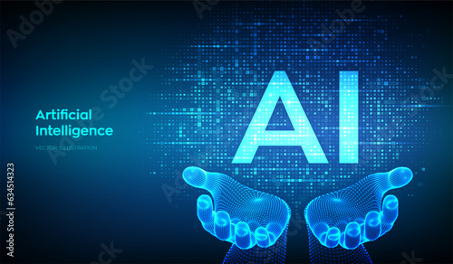 AI. Artificial intelligence. Letters AI made with binary code in wireframe hands. Binary data and streaming digital code background. Matrix background with digits 1.0. Vector illustration.