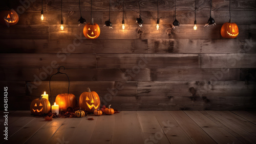 Spooky delights. Scary halloween pumpkin decoration wooden table for product. Jack o' Lantern on Rustic plank Generative AI illustrations