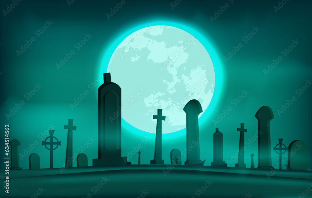 Halloween horror scene background,
CEMETERY with full moon.