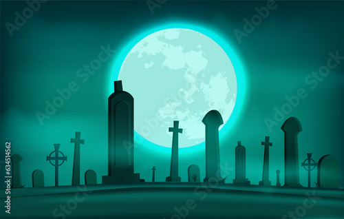 Halloween horror scene background  CEMETERY with full moon.