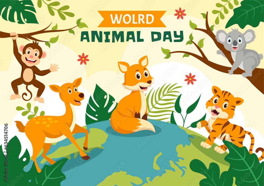 Naklejka premium World Animal Day Vector Illustration with Various Animals or Wildlife for Habitat Protection and Forest in Flat Cartoon Background Templates