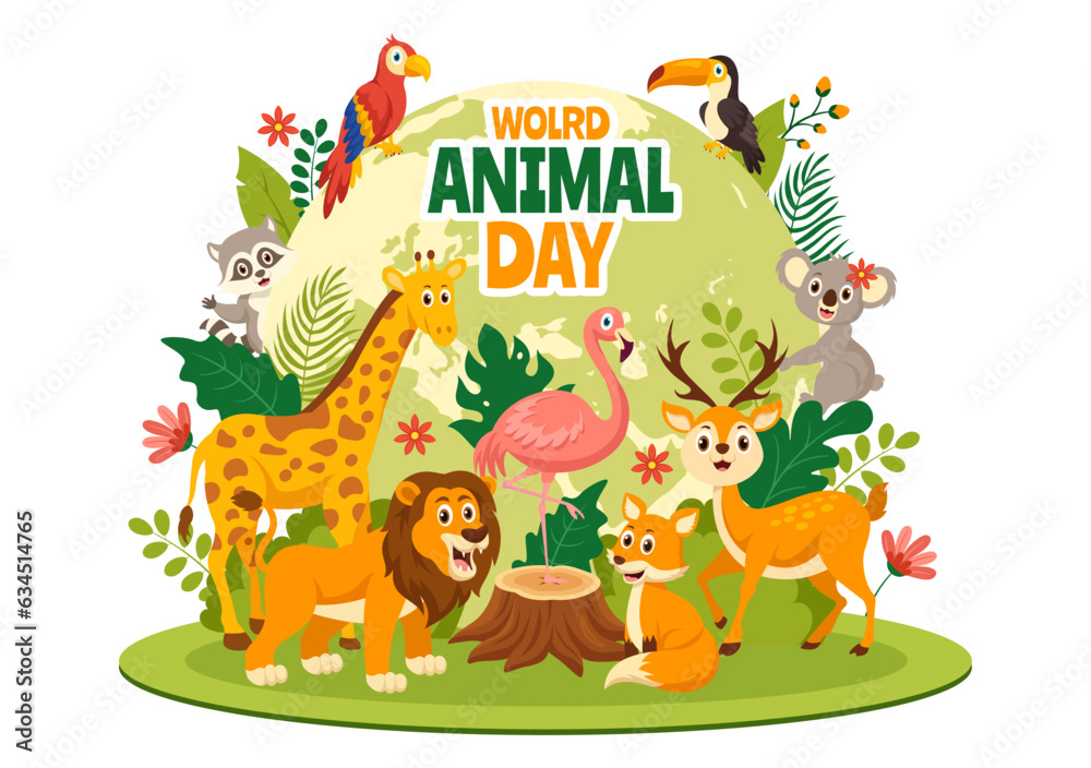 World Animal Day Vector Illustration with Various Animals or Wildlife for Habitat Protection and Forest in Flat Cartoon Background Templates