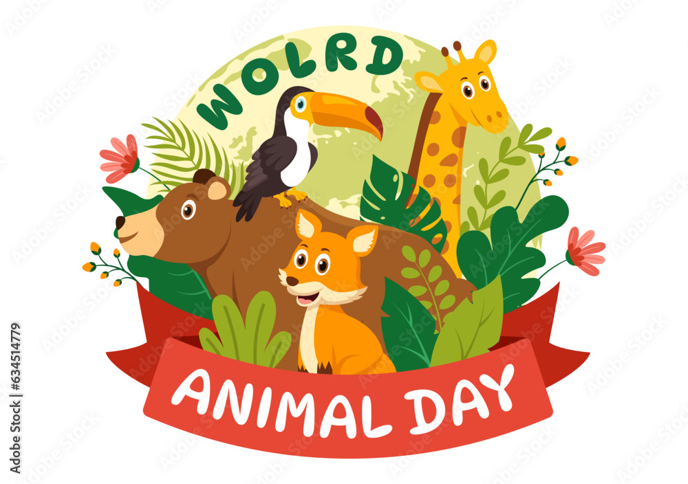 Fototapeta premium World Animal Day Vector Illustration with Various Animals or Wildlife for Habitat Protection and Forest in Flat Cartoon Background Templates