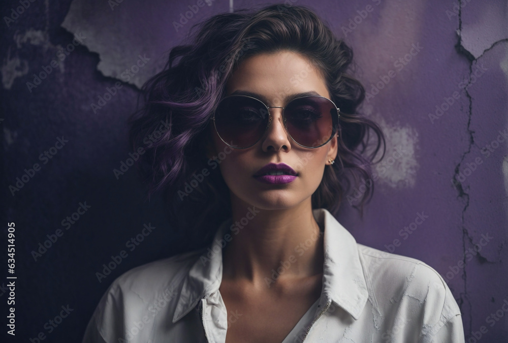 A woman with purple hair and purple lipstick is wearing sunglasses A woman with purple hair and purple lipstick is wearing sunglasses
