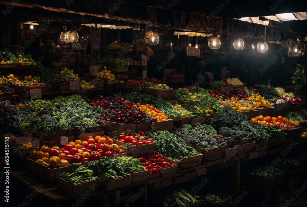 Market with fresh vegetable stand
