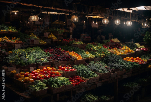 Market with fresh vegetable stand