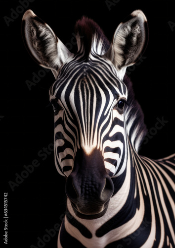 Photograph of a wild zebra on a dark background conceptual for frame