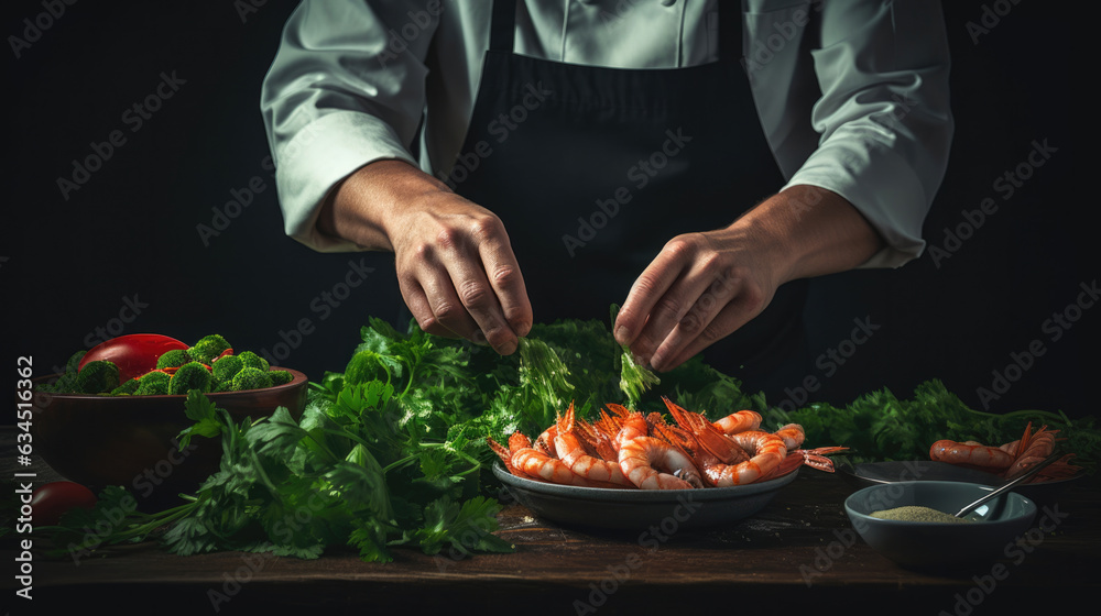 Professional chef prepares shrimps with greens. Cooking seafood, healthy vegetarian food, and food on a dark background.