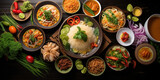 Thai food background. Dishes of thai cuisine. Tom yum, tom kha gai, pad thai noodles, fried rice with pork and vegetables khao phat mu, green papaya salad som tam, thai fruits