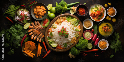 Thai food background. Dishes of thai cuisine. Tom yum, tom kha gai, pad thai noodles, fried rice with pork and vegetables khao phat mu, green papaya salad som tam, thai fruits.