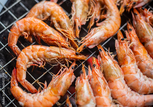Grilled shrimps on the barbecue. Shrimp grill.