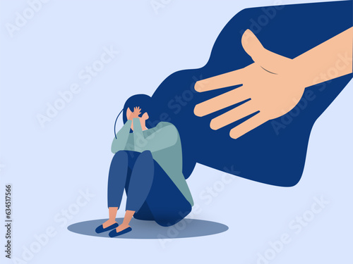 A hand helps a woman to get rid of stress. A young female crying and covering her face. Lonely girl needs support, and care because of depression, anxiety. Mental health concept. Vector illustration.