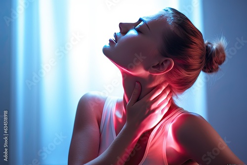 Relieving Neck Pain: Young Woman Massaging Her Neck and Stretching Muscles
 Generative AI photo