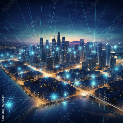 Wallpaper Mural Smart City Concept: Abstract Lines and Dots Connect with Gradient Design and Big Data Technology - 3D Render Torontodigital.ca