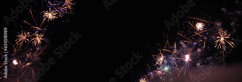 Banner Golden Firework celebrate anniversary happy new year 2024, 4th of july holiday festival. colorful gold firework celebrate national holiday. Banner new year 2023 party time with copy space