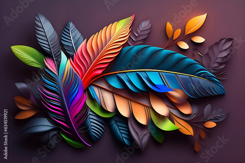 colorful feathers leave on the living wall 3d abstraction wallpaper. Abstract seamless pattern peacock feathers background. Multicolor feather above on hanging wall interior mural painting. Leonardo photo