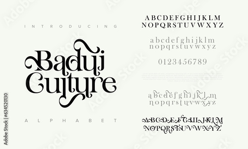 Baduiculture premium luxury elegant alphabet letters and numbers. Elegant wedding typography classic serif font decorative vintage retro. Creative vector illustration