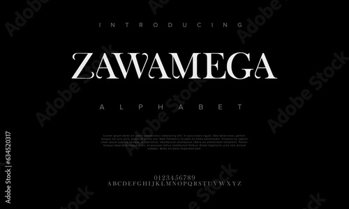 Zawamega premium luxury elegant alphabet letters and numbers. Elegant wedding typography classic serif font decorative vintage retro. Creative vector illustration