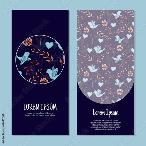 Vector flowers leaves and birds vertical frame pattern invitation greeting cards, RSVP and thank you cards. Elevate your occasions with exquisite seamless pattern invitation greeting cards.