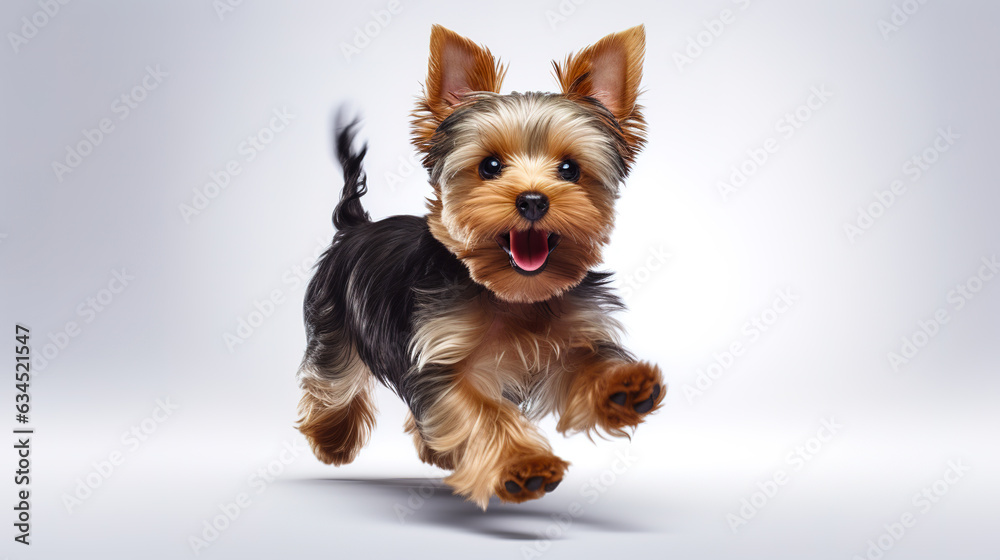 Yorkshire Terrier or Yorkie puppy dog running on isolated white background. Very cute small dog. Studio photography. Digital illustration generative AI. Yorkshire Terrier or Yorkie puppy dog running on isolated white background. Very cute small dog. Studio photography. Digital illustration generative AI.