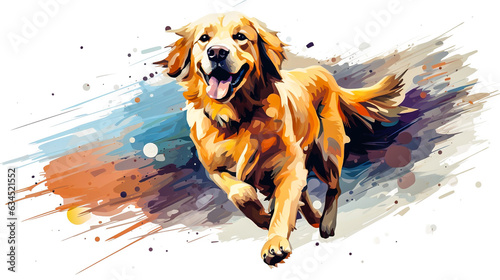 Golden retriever dog running illustration vector in abstract mixed grunge colors digital painting in minimal graphic art style. Very cute friendly dog. Digital illustration generative AI. photo