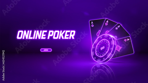 Poker online banner. Neon casino web banner with glowing chips and playing cards.  Vector illustration