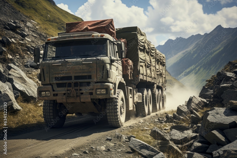 Obraz premium Cargo Truck Delivering Supplies to a Remote Area, Generative AI