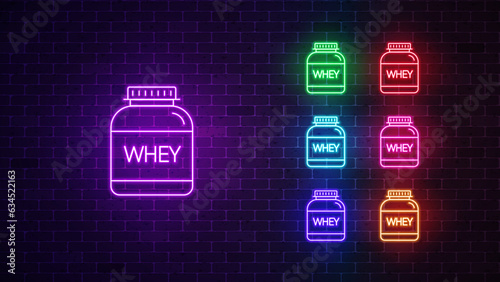 Whey neon icon set. Glowing neon protein sign. Vector illustration 