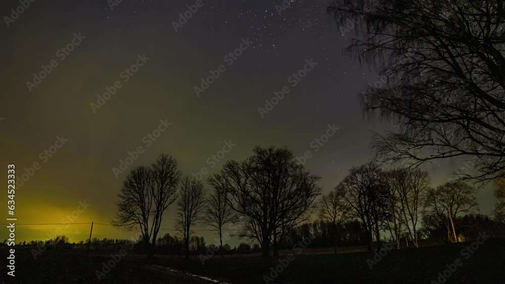 Timelapse of clouds covering beautiful starry night sky with trees. Static Timelapse of clouds covering beautiful starry night sky with trees. Static