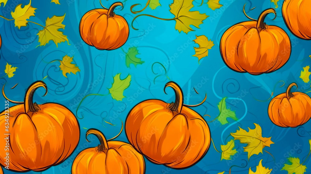 Illustration of pumpkins with leaves on a blue background. Harvest season. Generative AI. Illustration of pumpkins with leaves on a blue background. Harvest season. Generative AI.