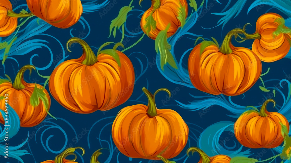 Illustration of pumpkins with leaves on a blue background. Harvest season. Generative AI. Illustration of pumpkins with leaves on a blue background. Harvest season. Generative AI.